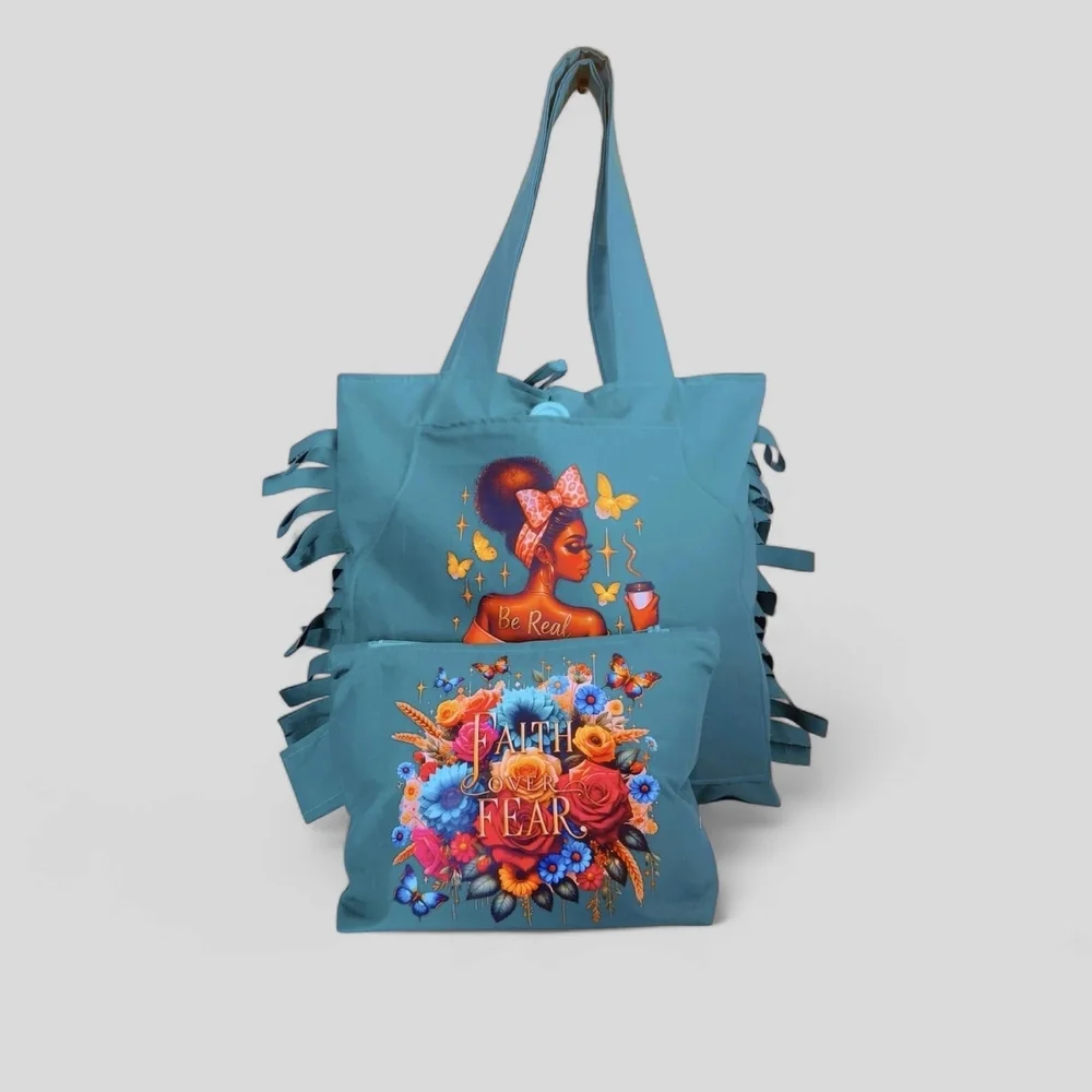 Artistic Blue Tote with Fringe Details